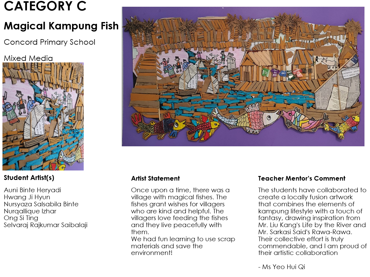 Mixed media artwork showing a kampung village scene with cardboard houses, colorful fish, and drawn villagers on a purple background.